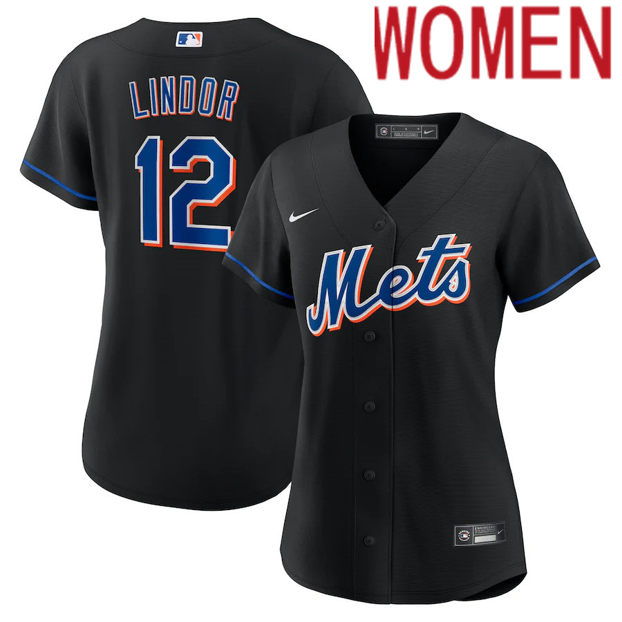 Cheap Custom Women New York Mets 12 Francisco Lindor Nike Black 2022 Alternate Replica Player MLB Jersey